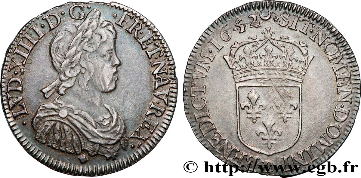 LOUIS XIV  THE SUN KING  Demi-écu, portrait à la mèche courte 1652 Lyon VF/XF