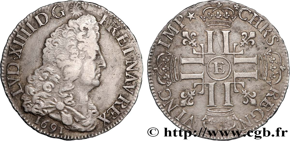 LOUIS XIV  THE SUN KING  Demi-écu aux huit L, 1er type 1691 Tours XF/AU