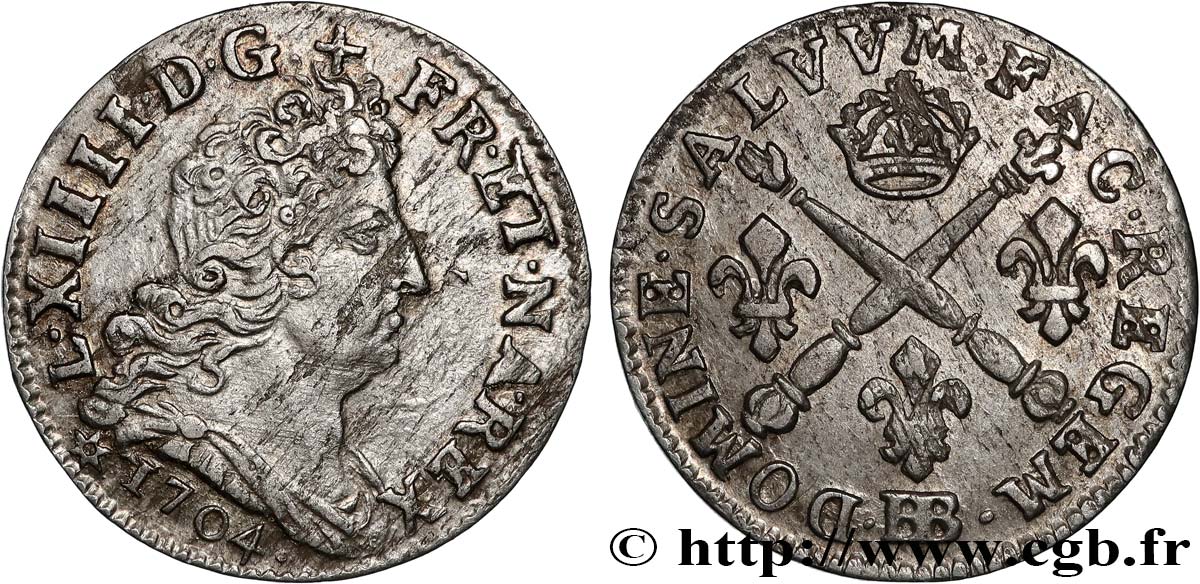 LOUIS XIV LE GRAND OU LE ROI SOLEIL Cinq sols aux insignes 1704 Strasbourg SUP