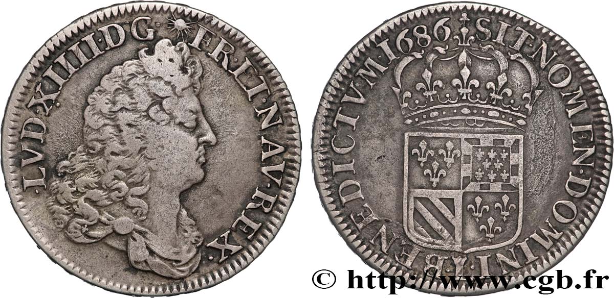 LOUIS XIV LE GRAND OU LE ROI SOLEIL Demi-écu de Flandre 1686 Lille TB+/TTB