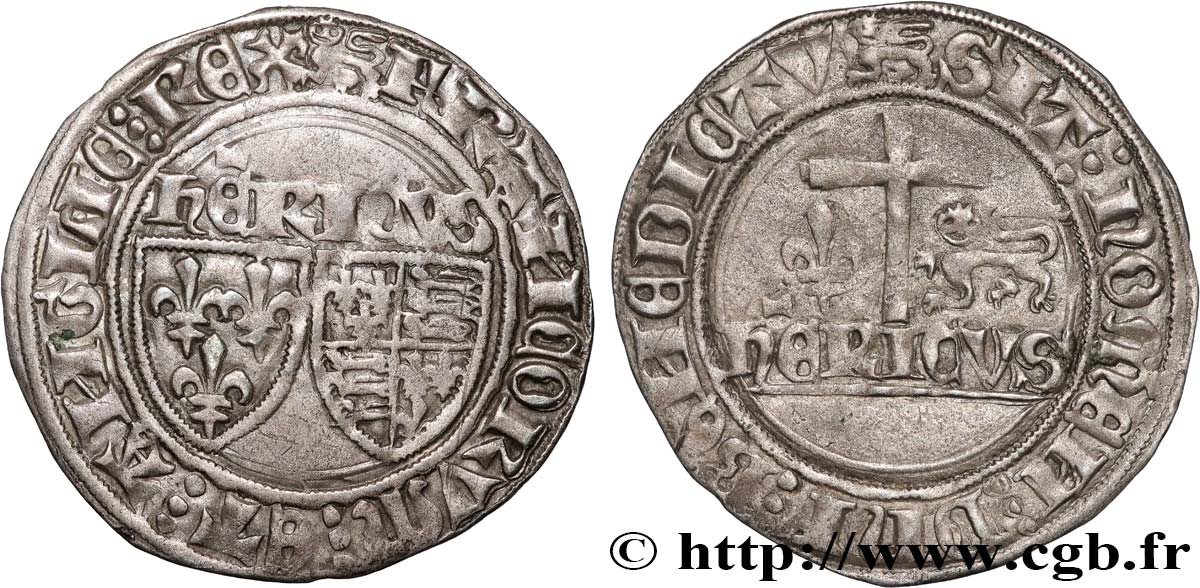 HENRY VI DE LANCASTRE - ROI DE FRANCE (1422-1453) - ROI D ANGLETERRE (1422-1461) et (1470-1471) Blanc aux écus n.d. Rouen TTB