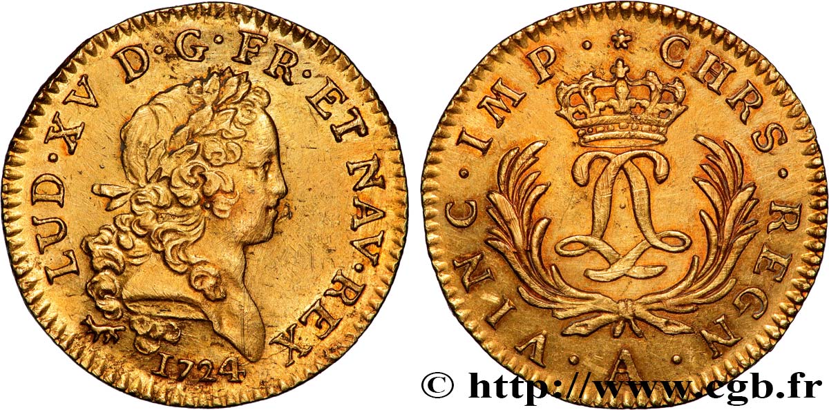LOUIS XV  THE WELL-BELOVED  Louis d or aux deux L entrelacées et aux palmes longues 1724 Paris SPL