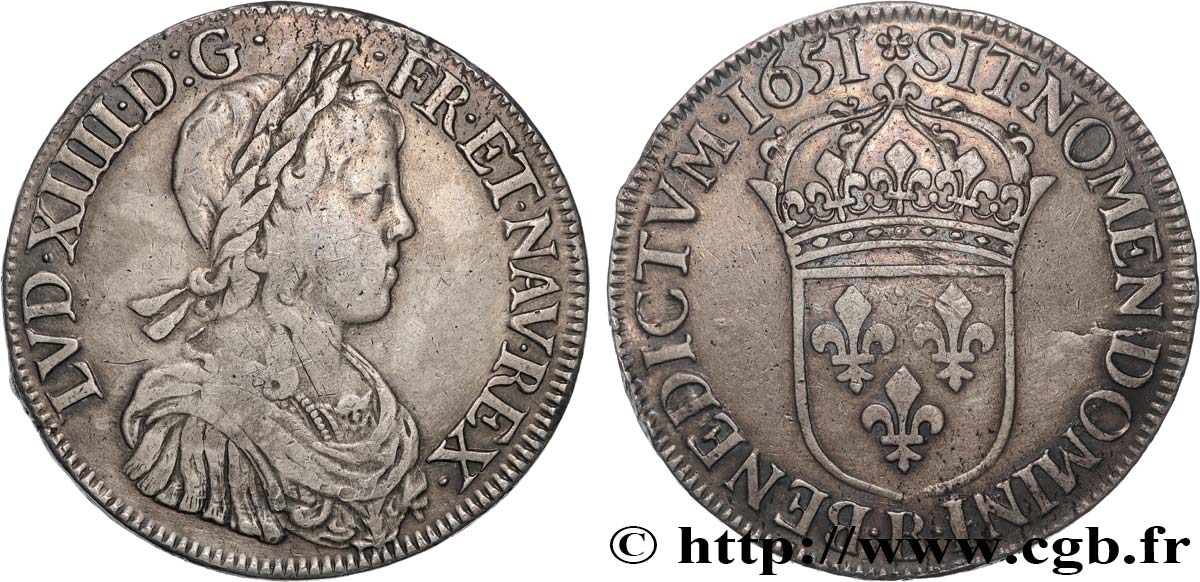 LOUIS XIV  THE SUN KING  Écu, portrait à la mèche longue 1651 Rouen BC+/MBC+