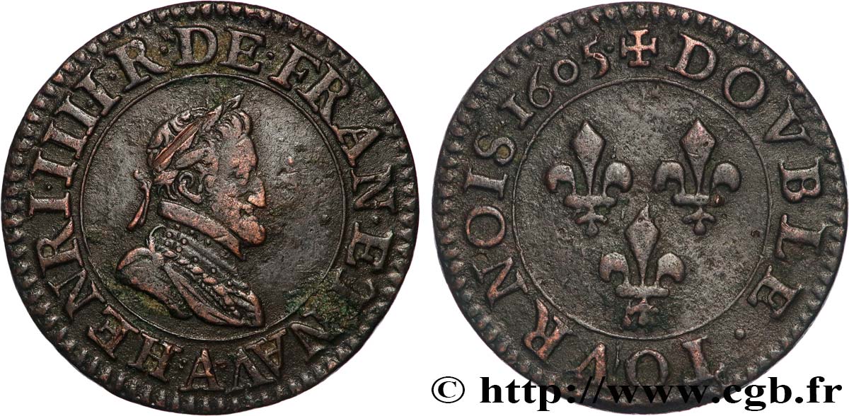 HENRY IV Double tournois, 1er type de Paris (légende française) 1605 Paris, Moulin des Étuves XF