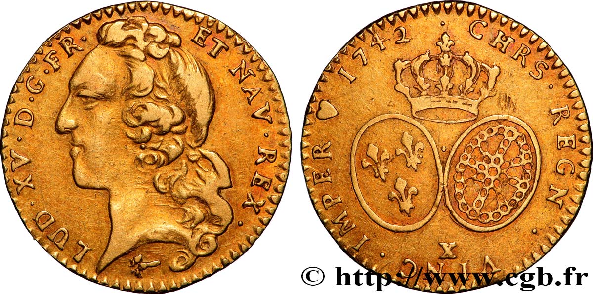 LOUIS XV  THE WELL-BELOVED  Demi-louis d’or aux écus ovales, tête ceinte d’un bandeau 1742 Amiens AU