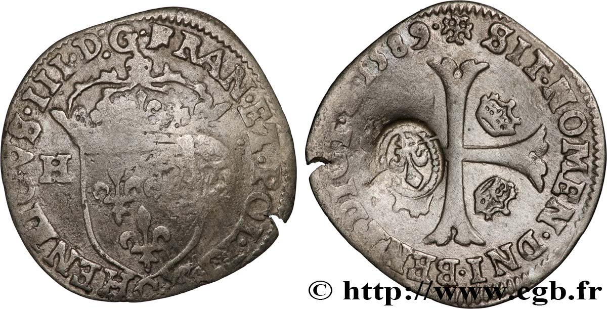 HENRY III Douzain aux deux H, 1er type, contremarqué en quinzain sous Louis XIII 1589 Saint-Lô BC+