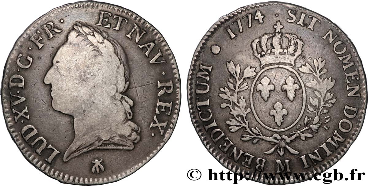 LOUIS XV THE BELOVED Écu aux branches d’olivier, buste lauré 1774 Toulouse VF