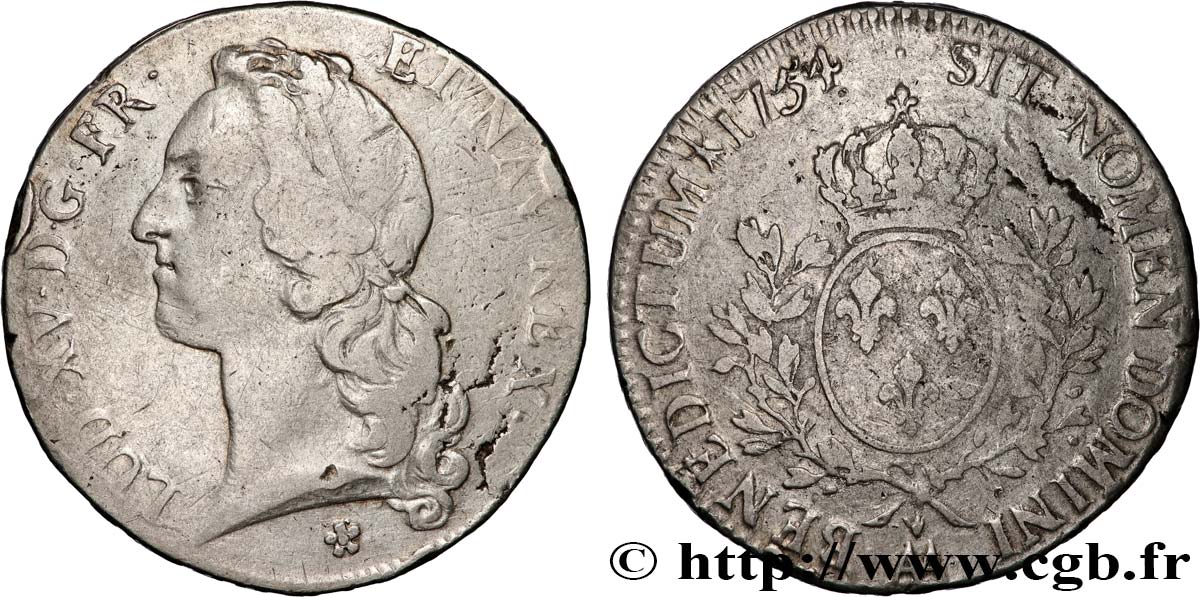 LOUIS XV THE BELOVED Écu aux branches d’olivier, tête ceinte d’un bandeau 1754 Metz VF