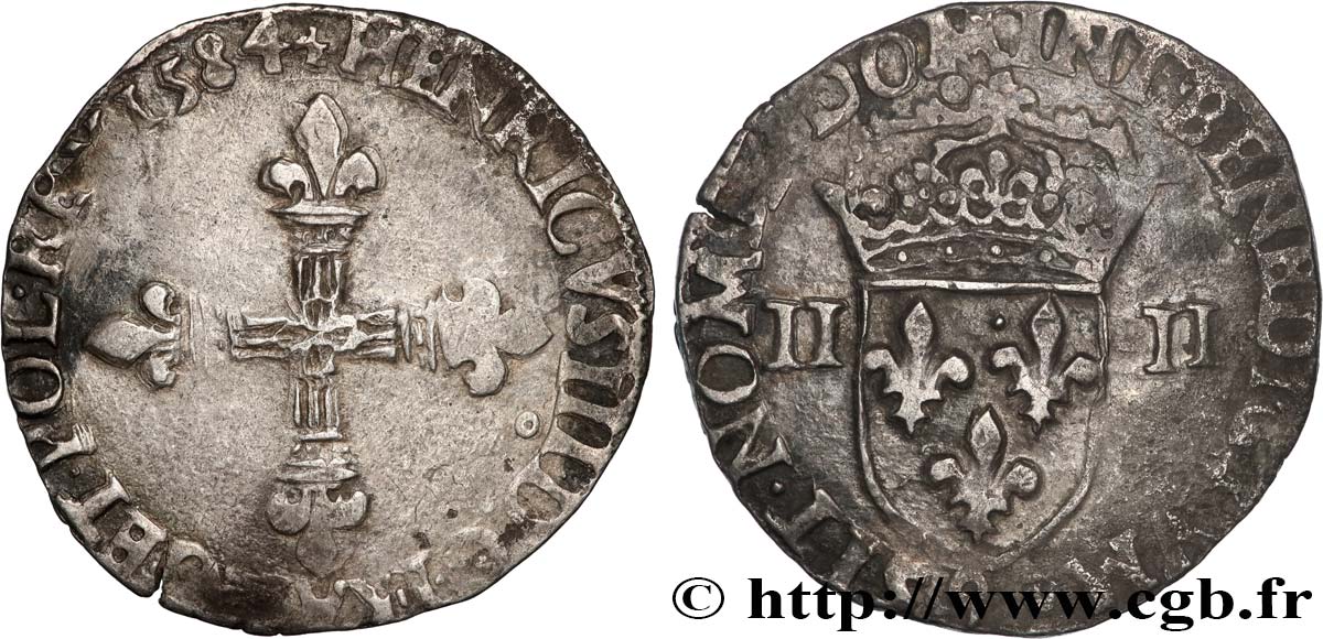 HENRI III Quart d écu, croix de face 1584 Rennes TB+