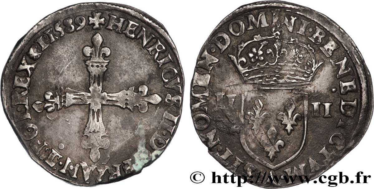 HENRI III Quart d écu, croix de face 1589 Paris TB+