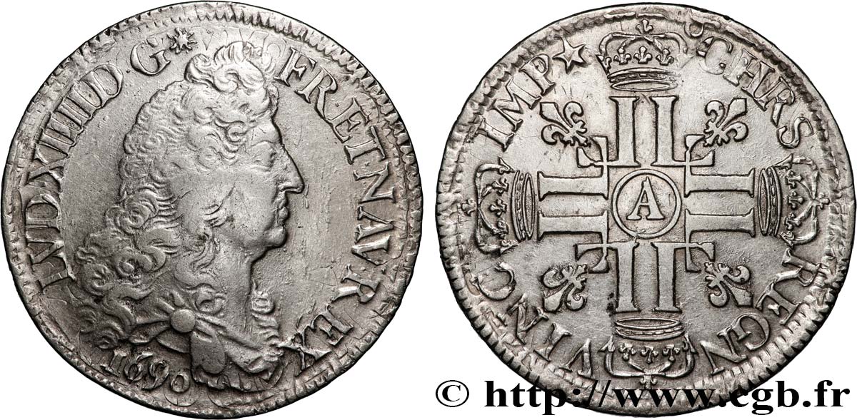 LOUIS XIV LE GRAND OU LE ROI SOLEIL Écu aux huit L, 1er type 1690 Paris TTB/TTB+