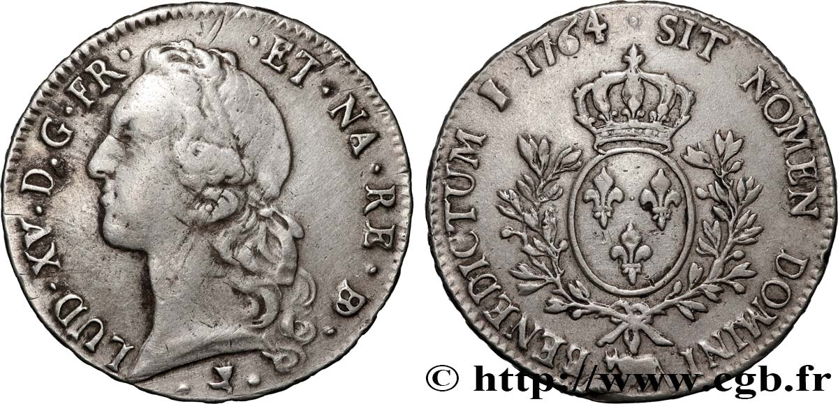 LOUIS XV  THE WELL-BELOVED  Écu aux branches d’olivier, tête ceinte d’un bandeau 1764 Pau VF