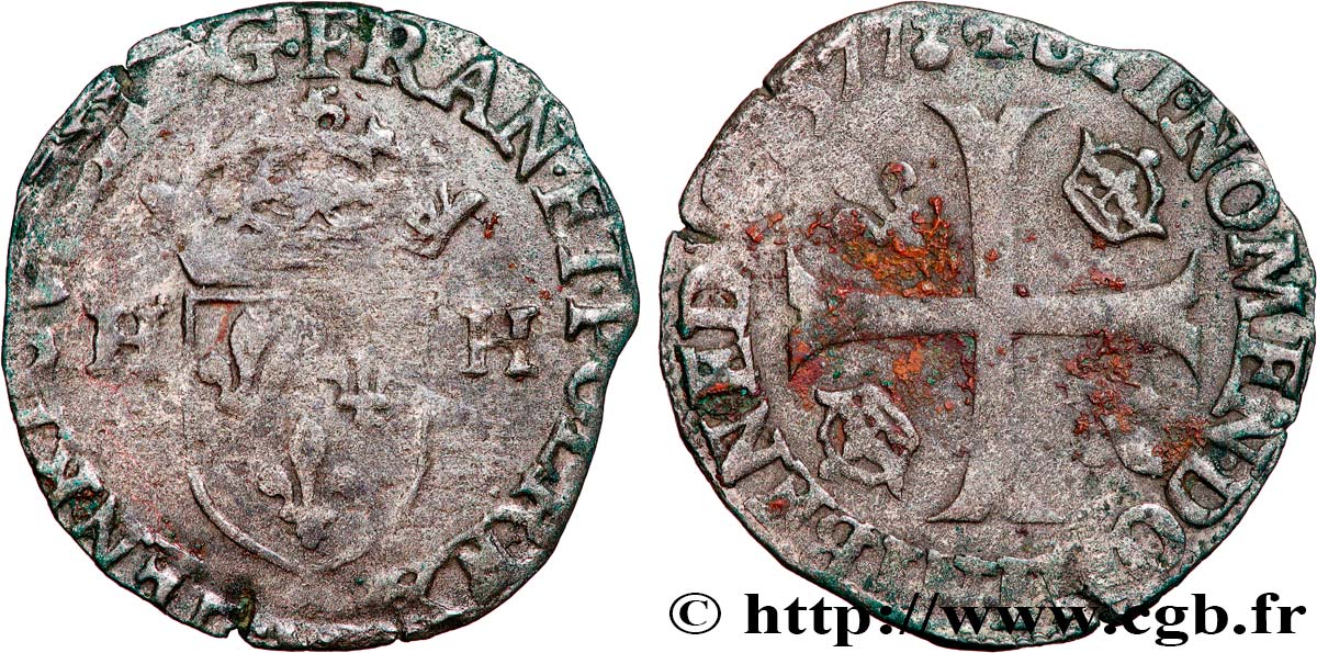 HENRY III Douzain aux deux H, 3e type 1577 Riom BC