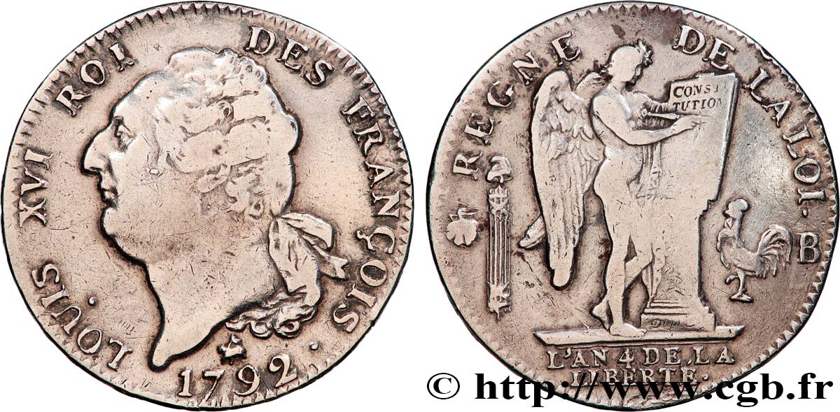 LOUIS XVI Écu dit  au génie , type FRANÇOIS 1792 Rouen VF