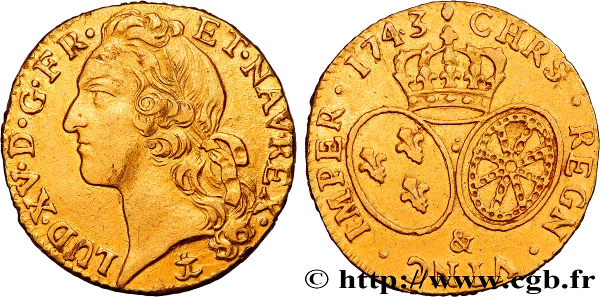 LOUIS XV  THE WELL-BELOVED  Louis d’or aux écus ovales, tête ceinte d’un bandeau 1743 Aix-en-Provence fVZ