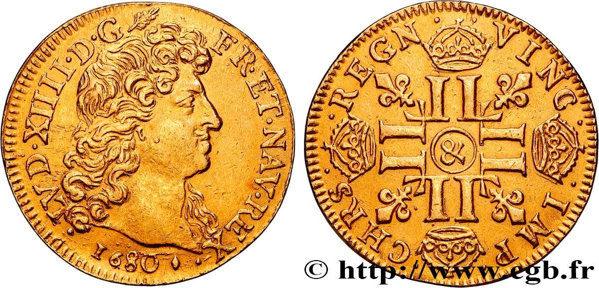 LOUIS XIV LE GRAND OU LE ROI SOLEIL Louis d’or aux huit L, portrait à la tête nue 1680 Aix-en-Provence SUP
