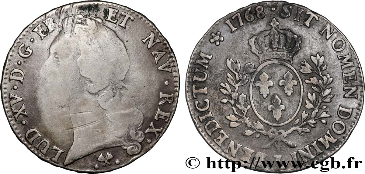 LOUIS XV DIT LE BIEN AIMÉ Écu aux branches d’olivier, tête ceinte d’un bandeau 1768 Bayonne TB/TB+