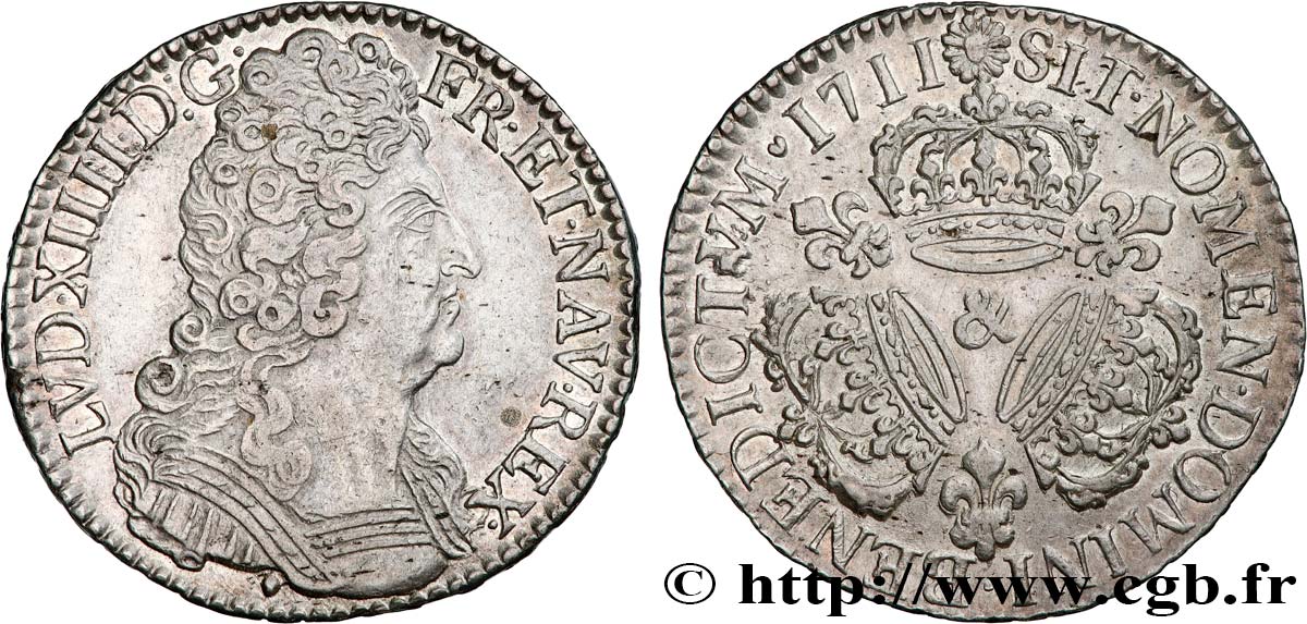 LOUIS XIV  THE SUN KING  Demi-écu aux trois couronnes 1711 Aix-en-Provence q.SPL/SPL