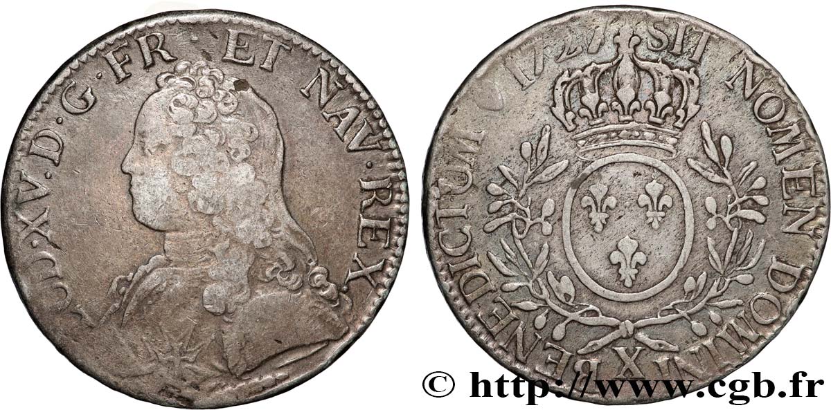 LOUIS XV THE BELOVED Écu aux branches d olivier, buste habillé 1727 Amiens VF