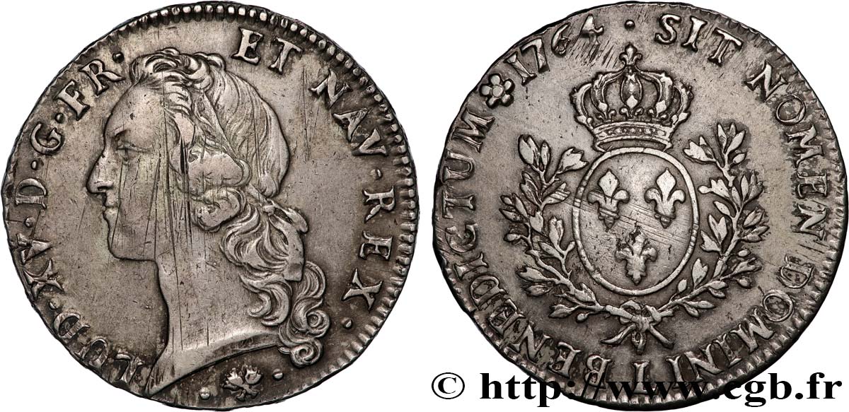 LOUIS XV THE BELOVED Écu aux branches d’olivier, tête ceinte d’un bandeau 1764 Bayonne VF/XF