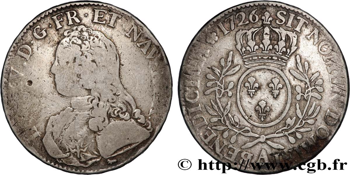 LOUIS XV  THE WELL-BELOVED  Écu aux branches d olivier, buste habillé 1726 Paris BC/BC+