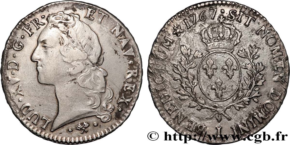 LOUIS XV THE BELOVED Écu aux branches d’olivier, tête ceinte d’un bandeau 1767 Bayonne VF