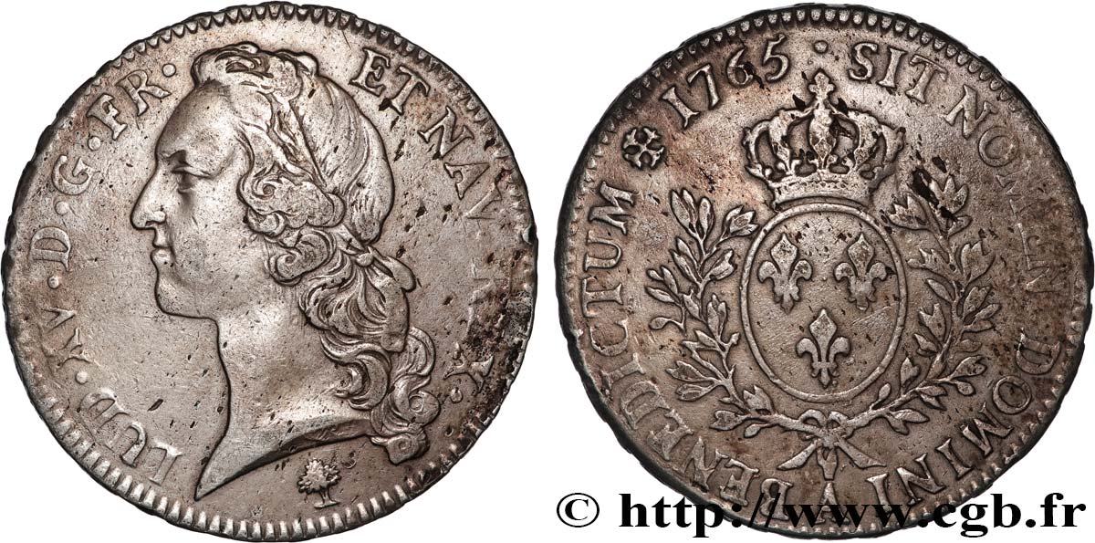 LOUIS XV DIT LE BIEN AIMÉ Écu aux branches d’olivier, tête ceinte d’un bandeau 1765 Paris TB+