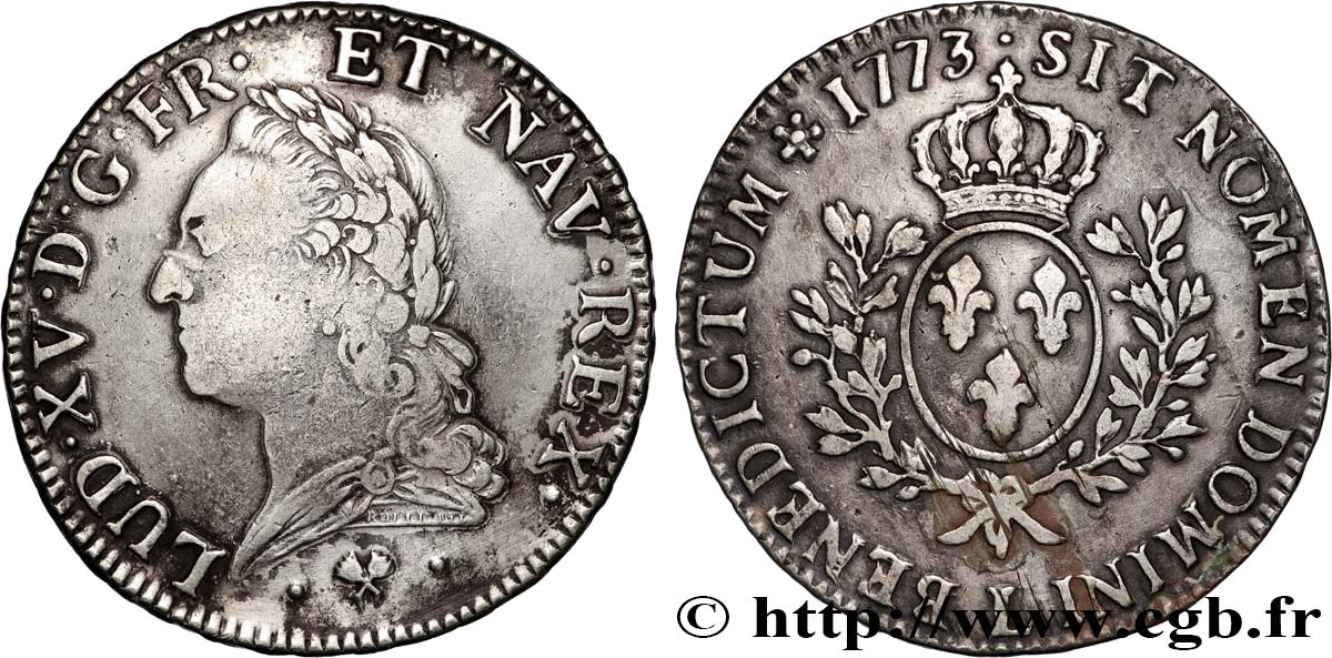 LOUIS XV THE BELOVED Écu aux branches d’olivier, buste lauré 1773 Bayonne VF