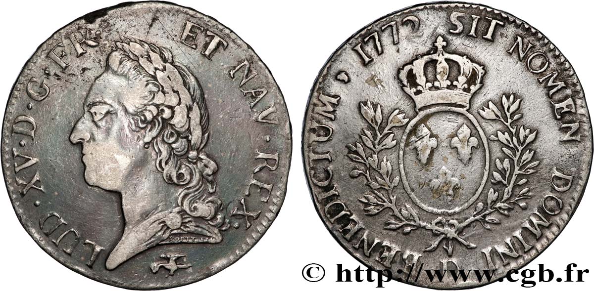 LOUIS XV THE BELOVED Écu aux branches d’olivier, buste lauré 1772 Lyon VF