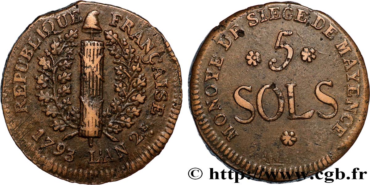 SIÈGE DE MAYENCE 5 sols siège de Mayence 1793  TTB