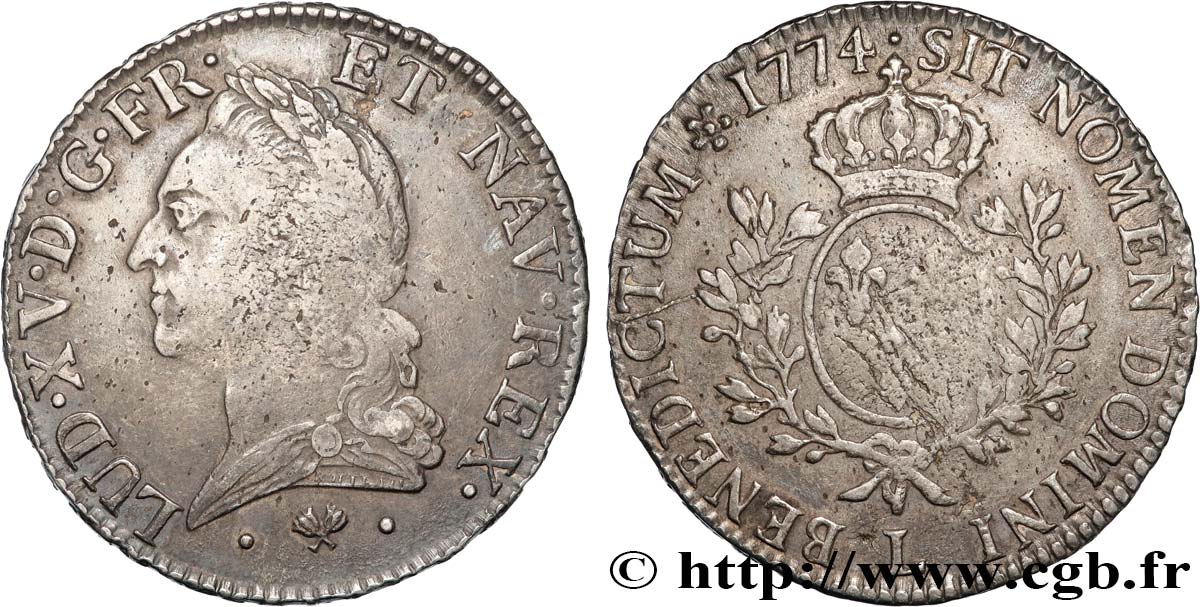 LOUIS XV THE BELOVED Écu aux branches d’olivier, buste lauré 1774 Bayonne VF