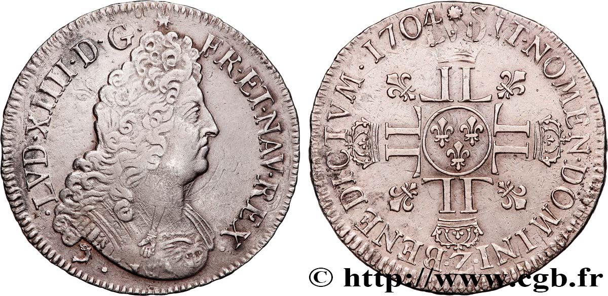 LOUIS XIV  THE SUN KING  Écu aux huit L, 2e type 1704 Grenoble MBC/MBC+