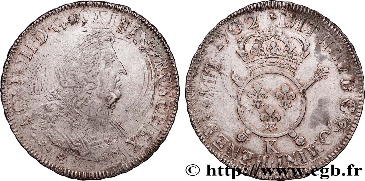 LOUIS XIV  THE SUN KING  Écu aux insignes 1702 Bordeaux SS/fVZ