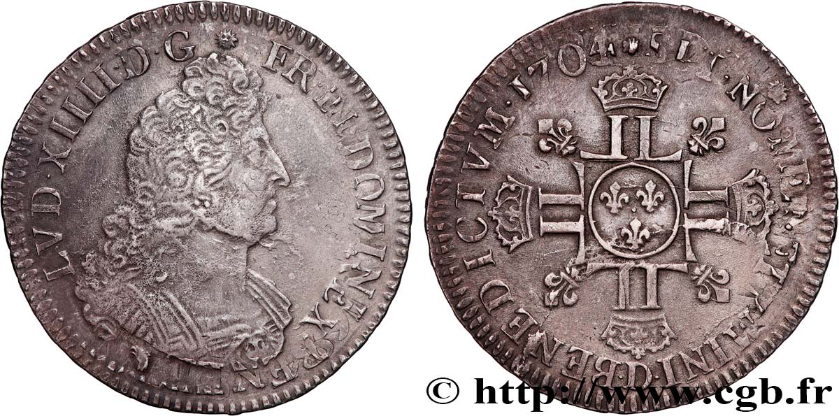 LOUIS XIV LE GRAND OU LE ROI SOLEIL Demi-écu aux huit L, 2e type 1704 Lyon TTB/TTB+