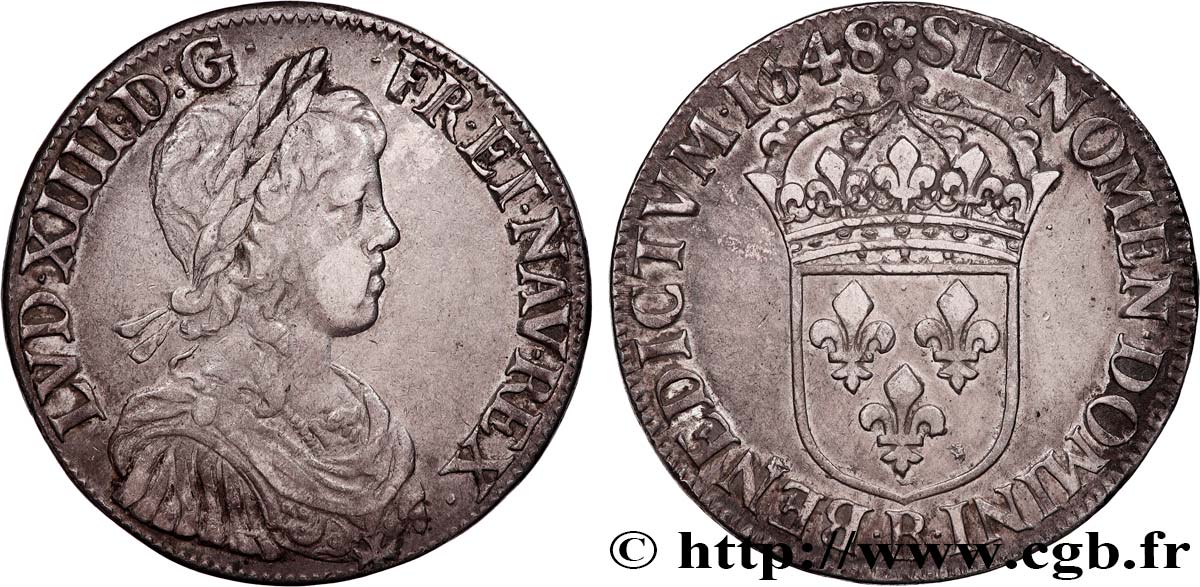 LOUIS XIV  THE SUN KING  Écu, portrait à la mèche longue 1648 Rouen SS