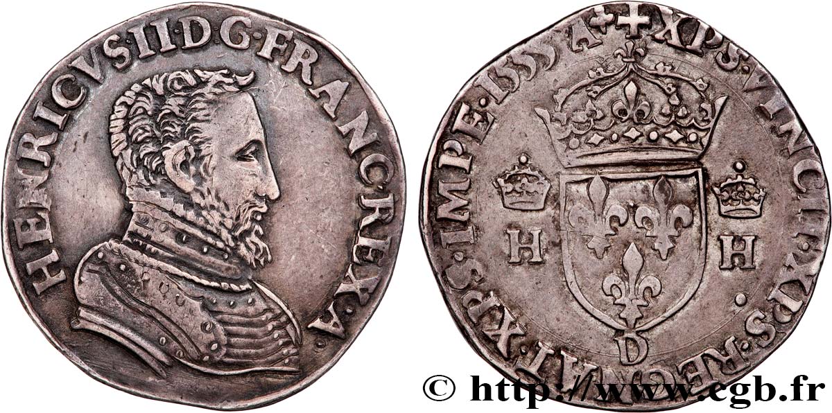 HENRY II Teston à la tête nue, 1er type 1555 Lyon MBC+/MBC