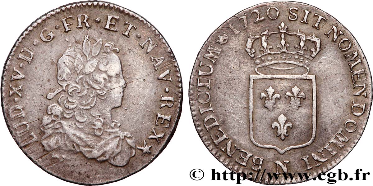 LOUIS XV THE BELOVED Tiers d écu de France 1720 Montpellier VF/XF