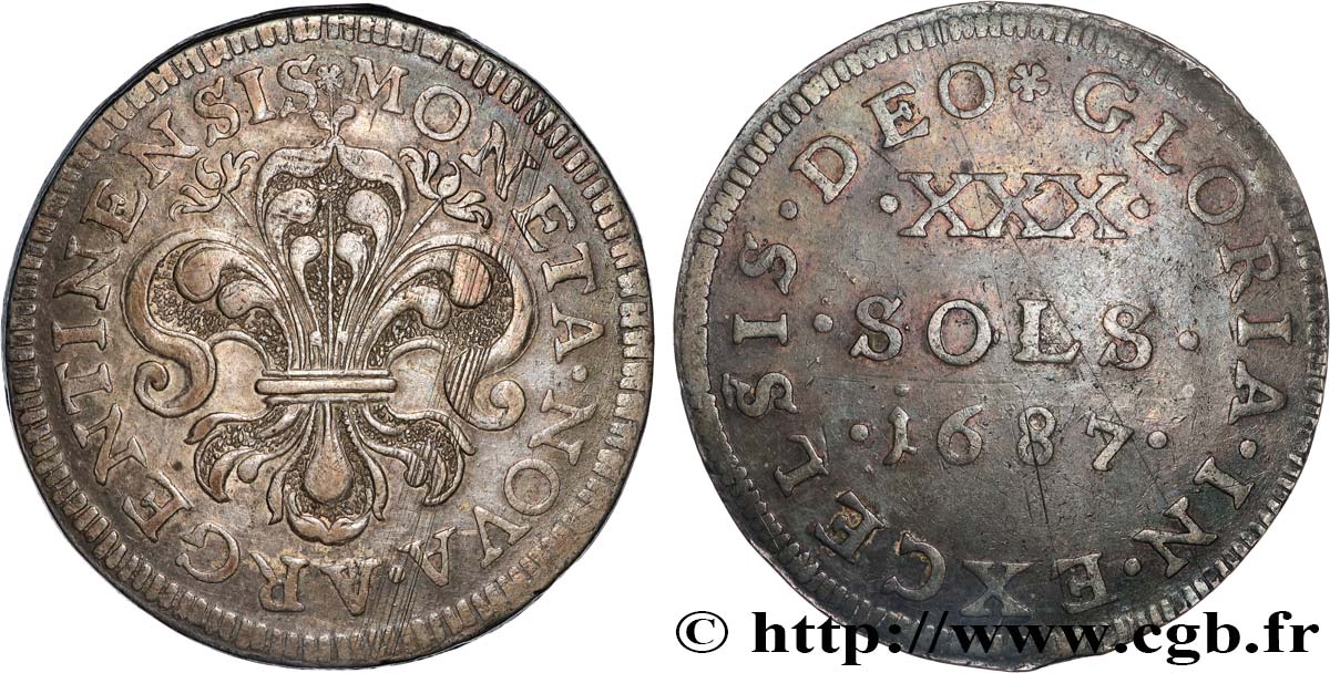 LOUIS XIV  THE SUN KING  XXX sols 1687 Strasbourg SS/fVZ