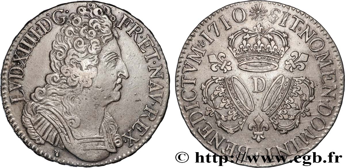 LOUIS XIV LE GRAND OU LE ROI SOLEIL Écu aux trois couronnes 1710 Lyon TTB/TTB+