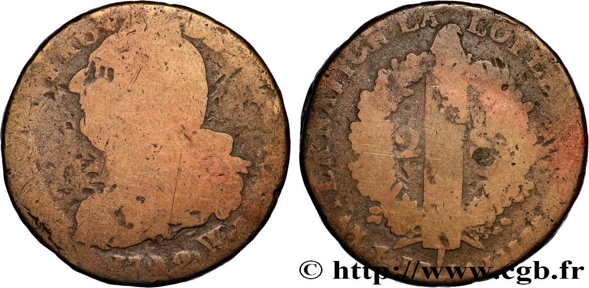 LOUIS XVI (MONARQUE CONSTITUTIONNEL)  2 sols dit  au faisceau , type FRANCOIS 1792 Lille B+