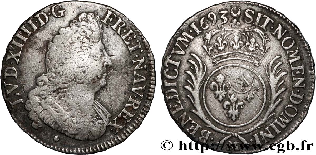 LOUIS XIV  THE SUN KING  Demi-écu aux palmes 1693 Toulouse VF