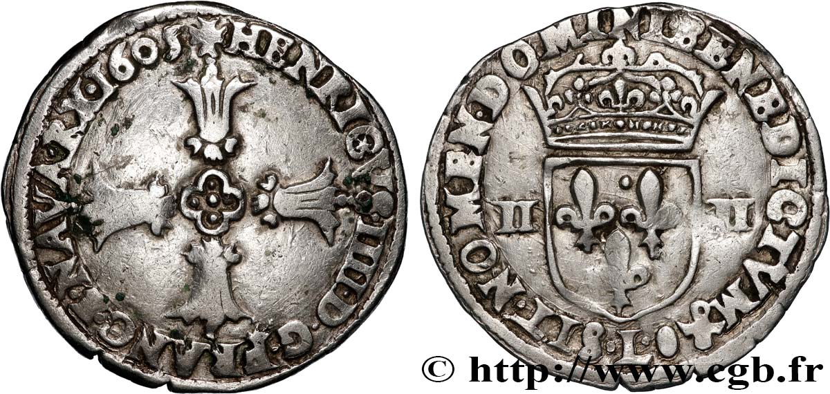 HENRY IV Quart d écu, croix feuillue de face 1605 Bayonne VF/XF