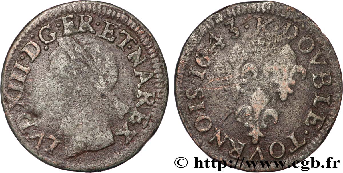 LOUIS XIII LE JUSTE Double tournois, type de Warin 1643 Bordeaux TB+