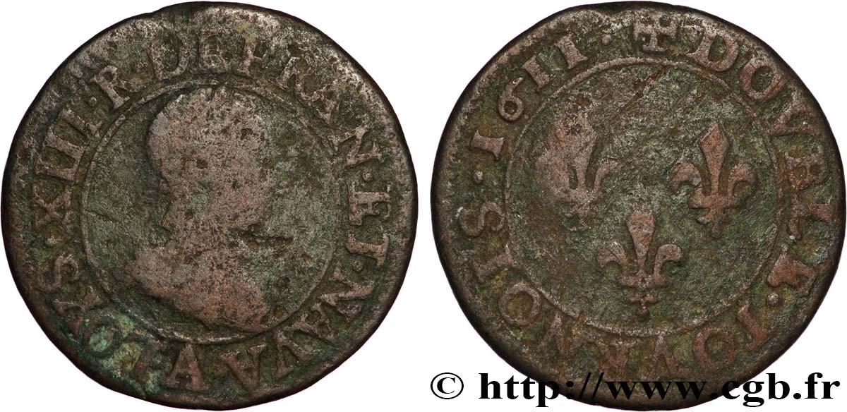 LOUIS XIII  Double tournois, type 1 1611 Paris, Moulin du Louvre VF