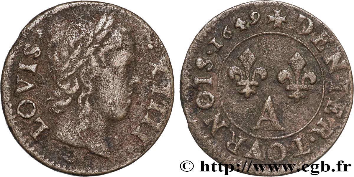 LOUIS XIV  THE SUN KING  Denier tournois 1649 Paris, Moulin du Louvre VF/XF