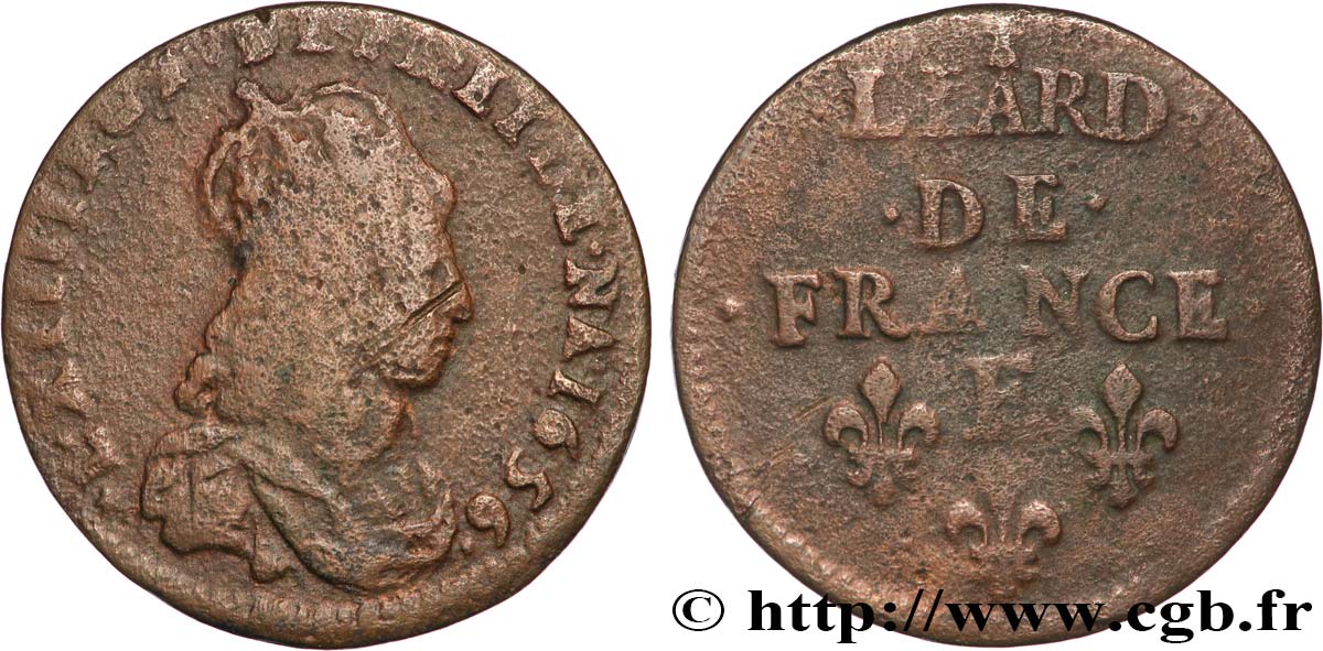 LOUIS XIV  THE SUN KING  Liard de cuivre, 2e type 1656 Meung-sur-Loire S