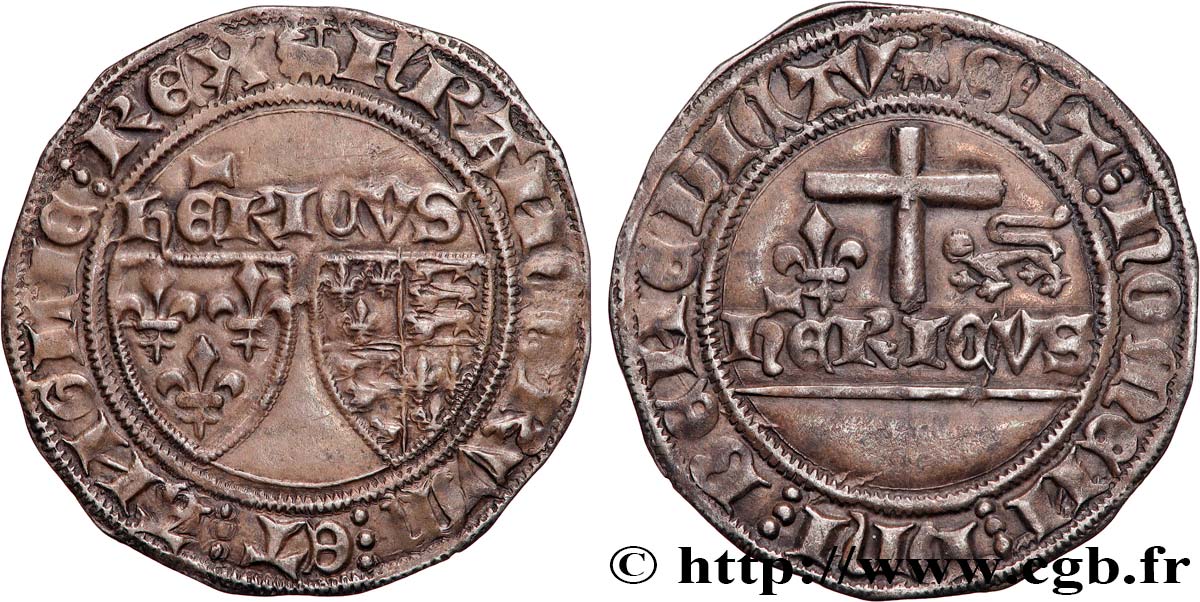 HENRY VI DE LANCASTRE - ROI DE FRANCE (1422-1453) - ROI D ANGLETERRE (1422-1461) et (1470-1471) Blanc aux écus 23/11/1423 Amiens TTB+