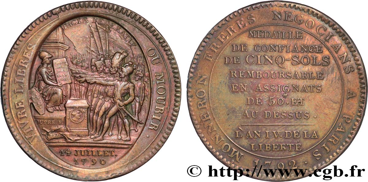 REVOLUTION COINAGE Monneron de 5 sols au serment (An IV), 3e type 1792 Birmingham, Soho MBC+