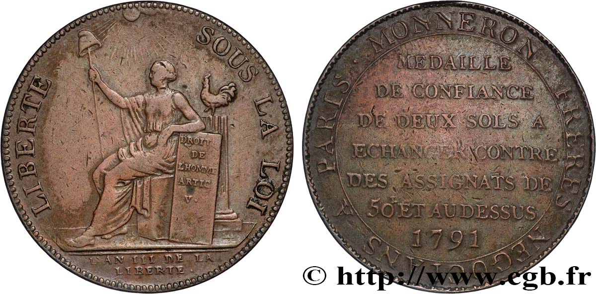 REVOLUTION COINAGE / CONFIANCE (MONNAIES DE…) Monneron de 2 sols à la Liberté 1791 Birmingham, Soho VF