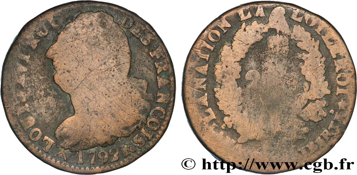 LOUIS XVI 2 sols dit  au faisceau , type FRANÇOIS 1792 Orléans MB